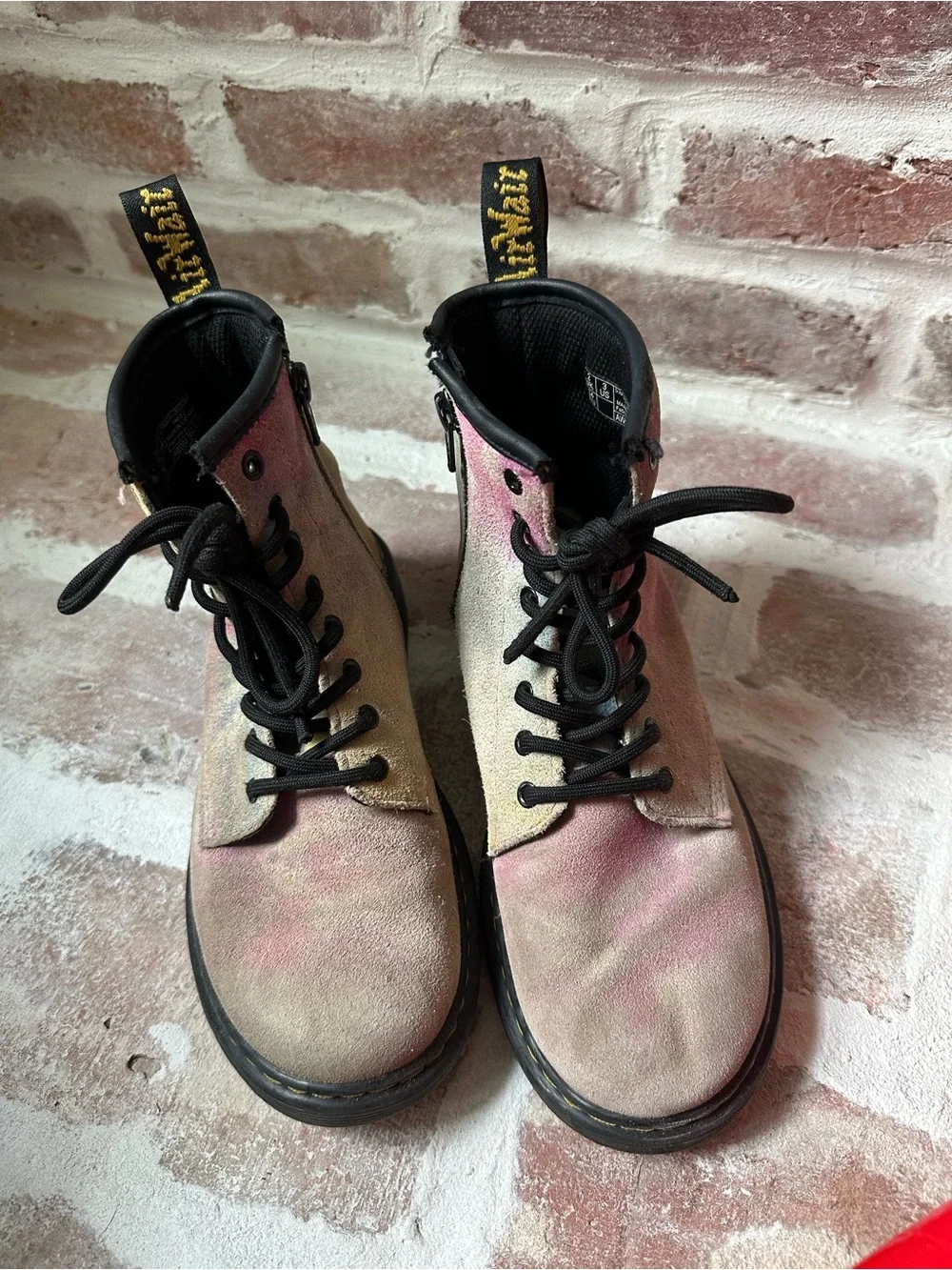 Dr. Martens Pink and Beige Tie-Dye Suede Lace-Up Boots